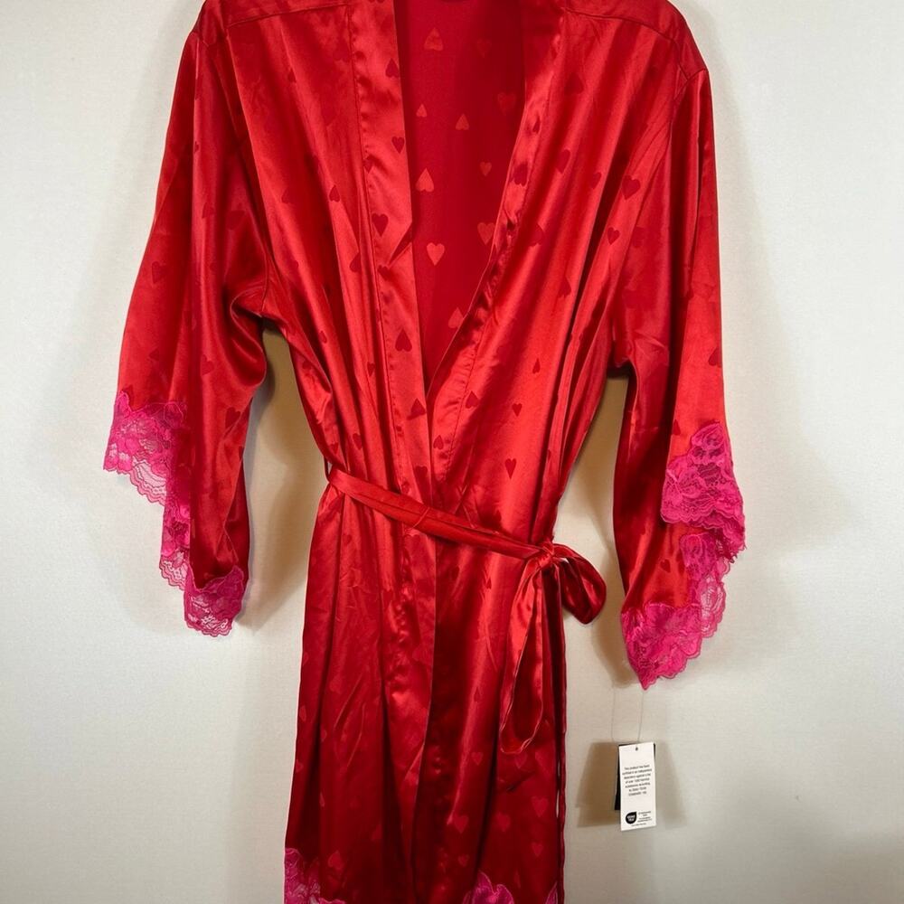 S Short Robe Red Hearts Pockets Lace Trim Belted NWT Satin INC